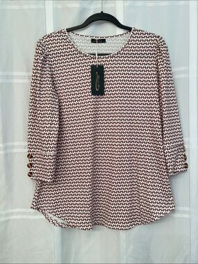 Charming Charlie Brown and White Patterned 3/4-Sleeve Tunic